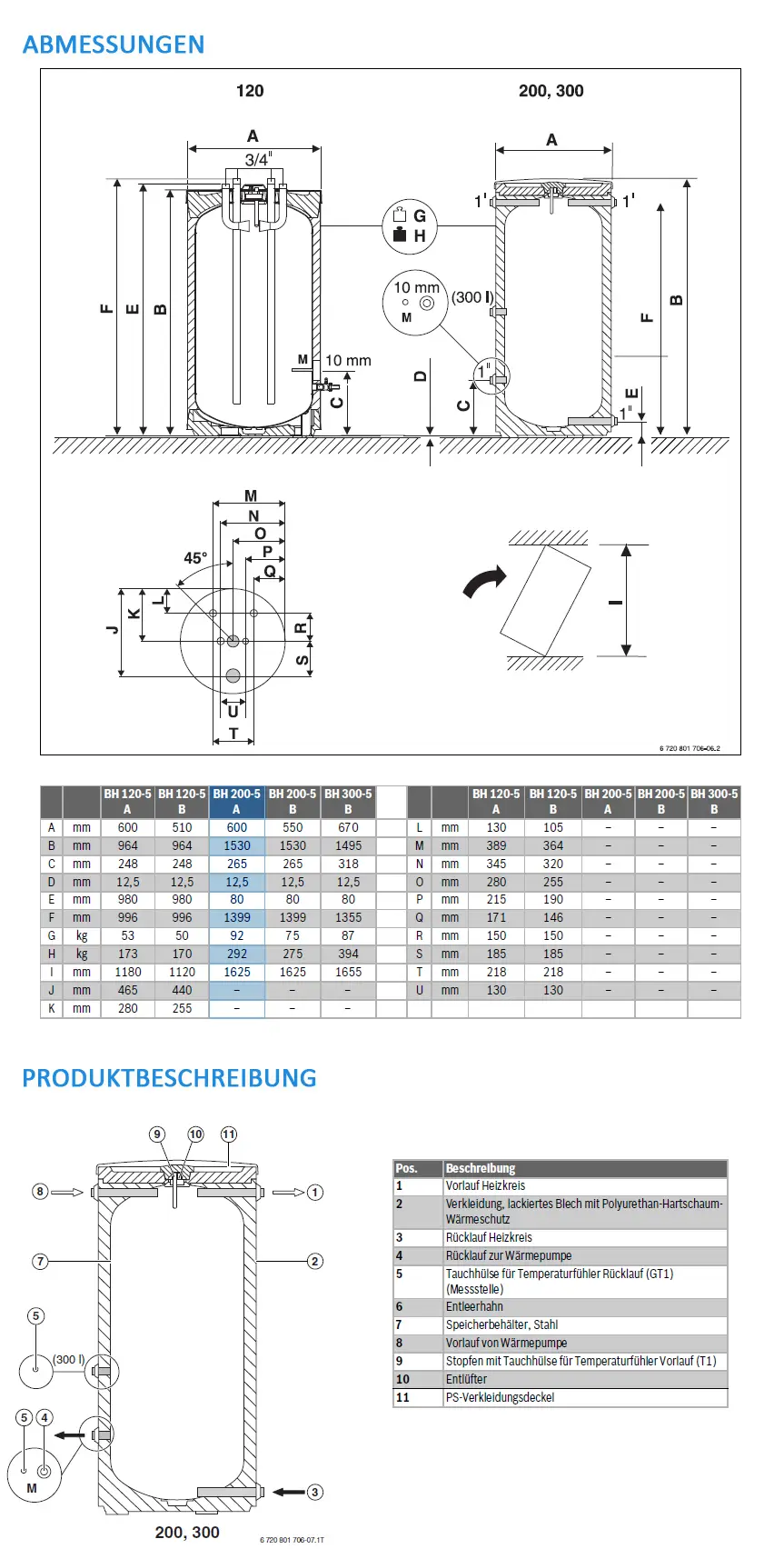 Technische Zeichnung eines Pufferspeichers von Bosch für Wärmepumpen mit verschiedenen Maßen und Anschlussdetails. Enthält schematische Darstellungen und Produktbeschreibung.
